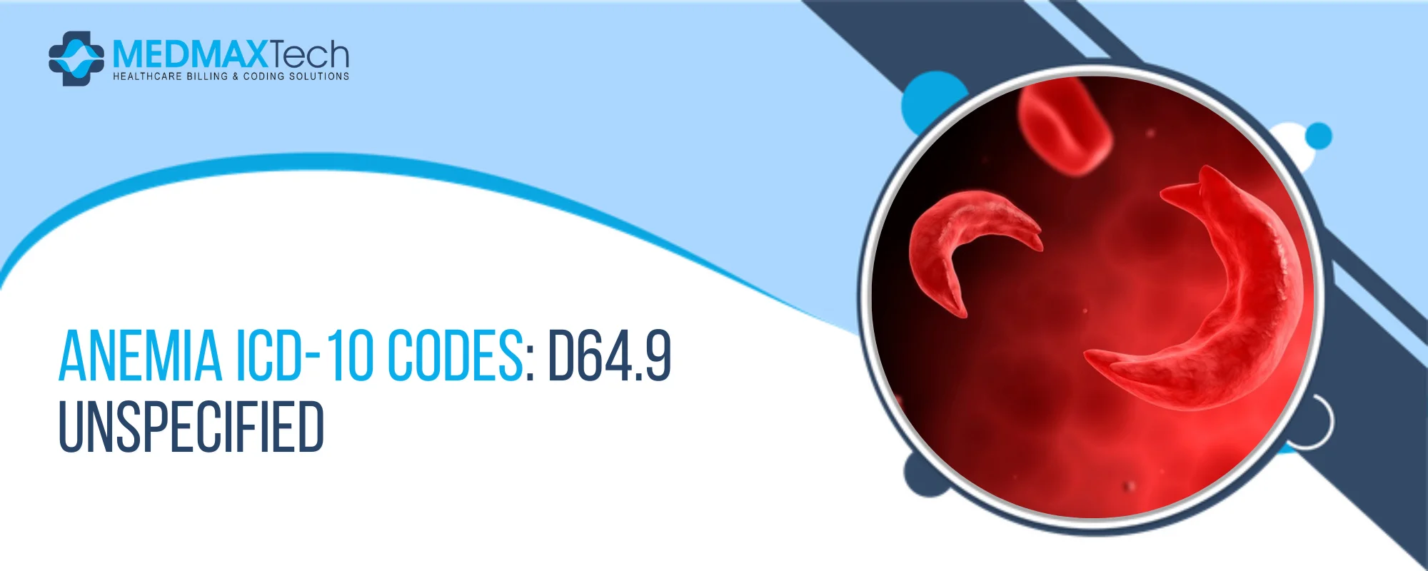 MedMAXTech banner: 'ANEMIA ICD-10 CODES: D64.9 UNSPECIFIED' with a magnified red blood cell circle on the right.