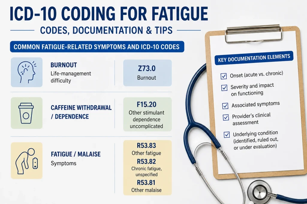 Infographic about ICD-10 coding for fatigue showing Burnout, Caffeine withdrawal, and Fatigue/Malaise with their codes and a 'Key Documentation Elements' checklist on a clipboard.